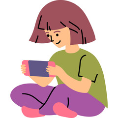 Young Person Playing Video Games Holding a Handheld Console Indoors Wearing a Green Shirt and Purple Pants with Short Brown Hair