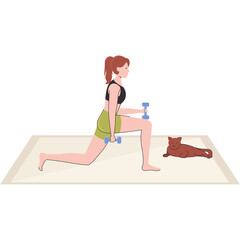 Young Woman Performs Lunge Exercise With Dumbbells On A Rug With A Small Dog Nearby In A Workout Session