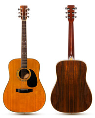 Fototapeta premium Classic acoustic guitar with a light wooden body isolated on white background, Acoustic guitar on white background With clipping path.