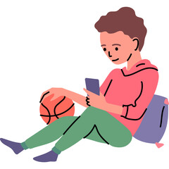 Young Person With Smartphone And Basketball Sitting On Floor With Pillow And Wearing Pink Hoodie And Green Pants