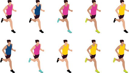 Isometric illustration of athletic runners in motion, diverse colorful outfits, jogging and sprinting poses for fitness, sports training, healthy lifestyle design