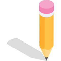Yellow Pencil Casting a Black Shadow on a Transparent Background in a Simple Isometric View Showing Writing and Drawing Tool in Soft Light
