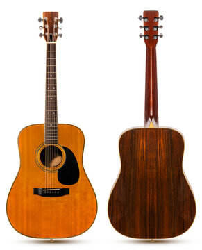 Classic acoustic guitar with a light wooden body isolated on white background, Acoustic guitar on white background With clipping path.