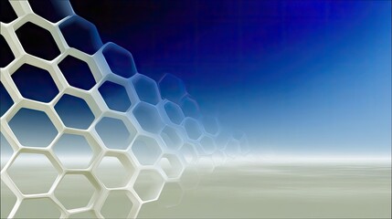 A digital abstract background featuring a repeating hexagonal grid pattern in white, fading into a soft blue gradient sky and a muted ground.