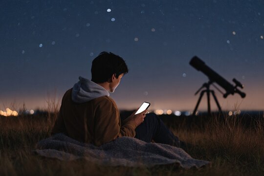 Individual enjoys stargazing while seated on grass at night - Powered by Adobe