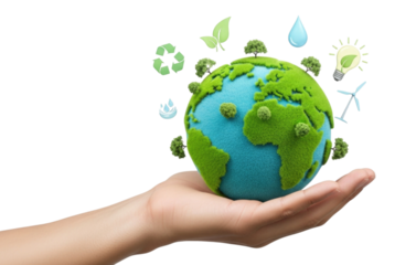 Hand Holding Earth with Eco Symbols Isolated on Transparent PNG Background