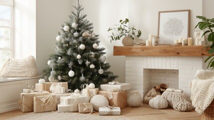 Minimalist Christmas tree with neutral wrapped gifts and cozy beige decor in bright modern interior