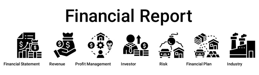 Financial Report banner web icon vector illustration concept for business with icon of Financial Statement, Revenue, Profit Management, Investor, Risk, Financial Plan.