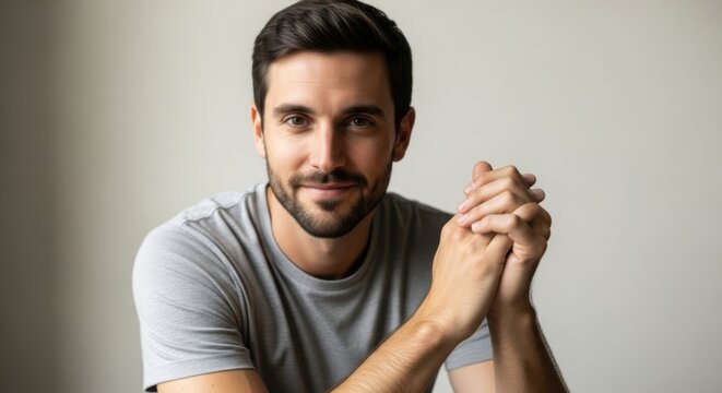 Confident young man with a friendly smile and hands clasped in a - Powered by Adobe