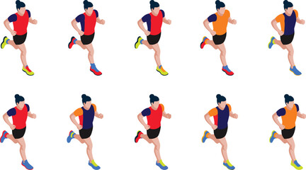 Isometric running man illustration set, athletic male runner poses, colorful sports outfit variations, fitness activity graphics, modern vector design