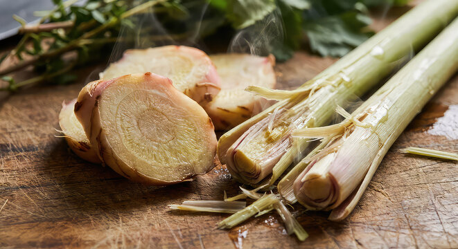 Freshly cut ginger and lemongrass stalks on a rustic wooden cutting board with green herbs in the background.