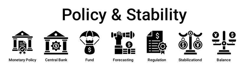 Policy & Stability banner web icon vector illustration concept for business with icon of Monetary Policy, Central Bank, Fund, Forecasting, Regulation, Stabilization.