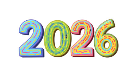 Colorful number 2026 illustration for new year isolated on transparent background