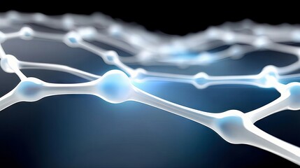 Abstract molecular structure with glowing blue nodes and translucent white connections, set against a dark blue, softly lit background. The image evokes a sense