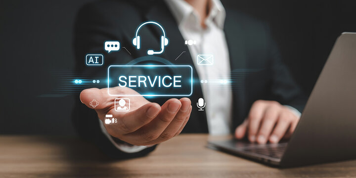 Hand offering digital service interface with headset icon