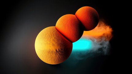 An abstract representation of a molecule with three textured spheres, two orange and one yellow, connected in a chain. A bright blue light emanates from behind,
