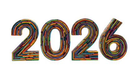 Colorful number 2026 design isolated on transparent background for new year