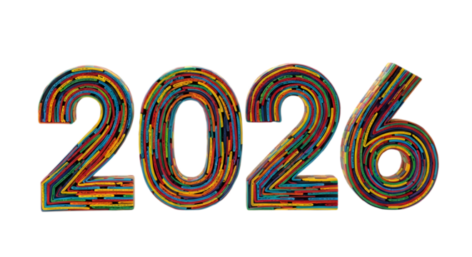 Colorful number 2026 design isolated on transparent background for new year