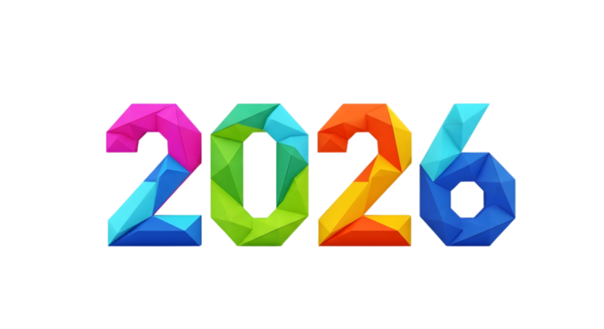 Colorful geometric 2026 new year design isolated on transparent background