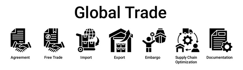 Global Trade banner web icon vector illustration concept for business with icon of Agreement, Free Trade, Import, Export, Embargo, Supply Chain Optimization.