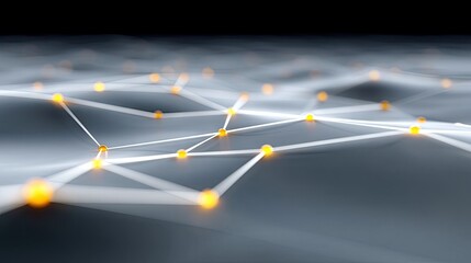 An abstract digital visualization of interconnected nodes and lines, with glowing yellow spheres at the connection points, set against a dark, blurred backgroun