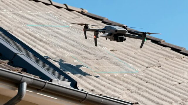 Medium shot of drone capturing detailed roof dimensions using highresolution camera for accurate measurement and assessment from an elevated perspective.