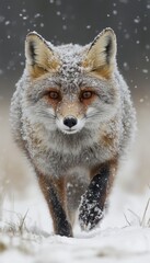 Obraz premium Majestic Red Fox Gracefully Walking Through a Winter Wonderland with Soft Snowfall All Around It
