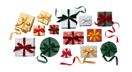 Collection of Assorted Christmas and Holiday Gift Boxes with Red, Green, and Gold Ribbons isolated PNG with Transparent Background