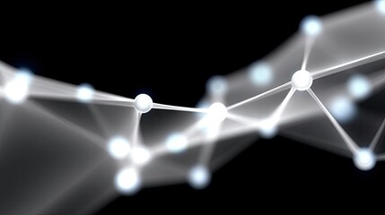 An abstract digital illustration depicting a network of interconnected nodes and lines, glowing with white and blue light against a black background. The image