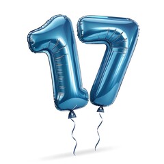 Shiny blue number 17 balloons isolated on white background