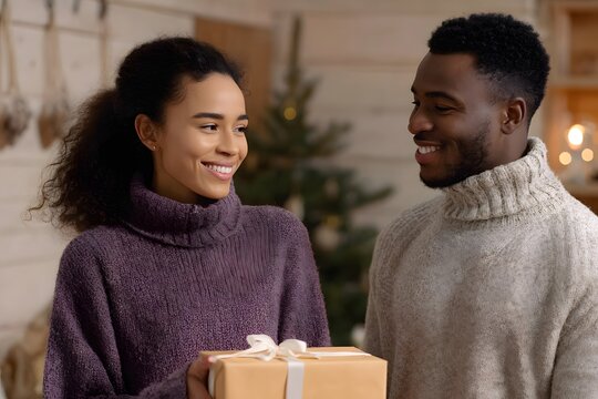 Friends exchanging handmade gifts during a cozy winter gathering