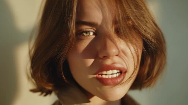 Close-up portrait of a young woman with short brown hair, warm sunlight, and pouty lips looking slightly off camera.