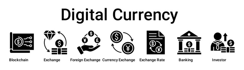 Digital Currency banner web icon vector illustration concept for business with icon of Blockchain, Exchange, Foreign Exchange, Currency Exchange, Exchange Rate, Banking.