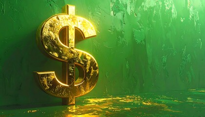 A gold dollar sign shines against a textured green wall, suggesting wealth and financial growth