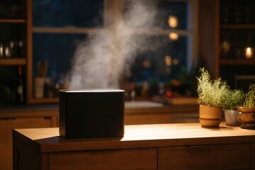 Electric composter on a wooden countertop, producing steam at night in a well-lit kitchen