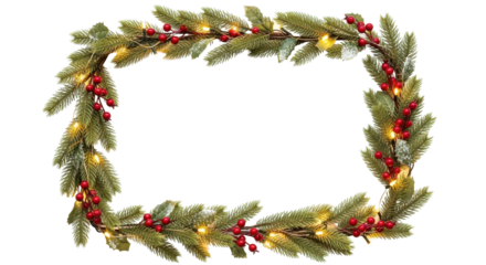 Festive Christmas Pine Garland Frame with Red Holly Berries and Warm String Lights isolated PNG with Transparent Background