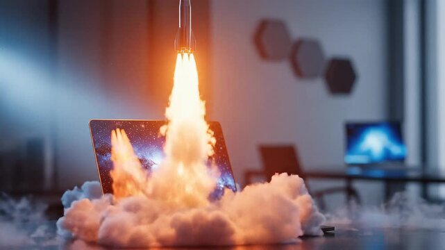 Silver rocket blasting off the keyboard of a laptop screen displaying the galaxy nebula symbolizing technology startup launch and future success