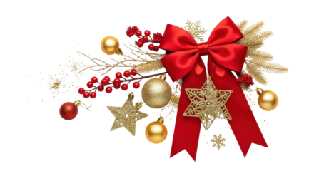 Festive Christmas Decoration Arrangement with Red Ribbon Bow, Gold Baubles, and Red Berries isolated PNG with Transparent Background