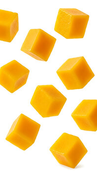 Diced fresh mango chunks floating on white background. Falling ripe food pieces.