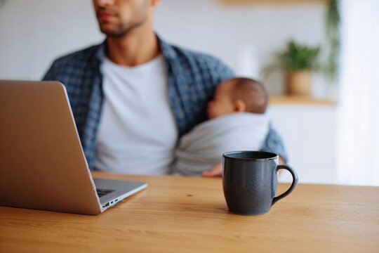 Father multitasks as he works remotely, holding his infant in a wrap while seated at a table