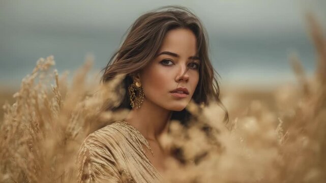 A woman stands among tall golden grasses near the sea, wearing a shimmering beige dress and gold earrings, hair blown by the wind.