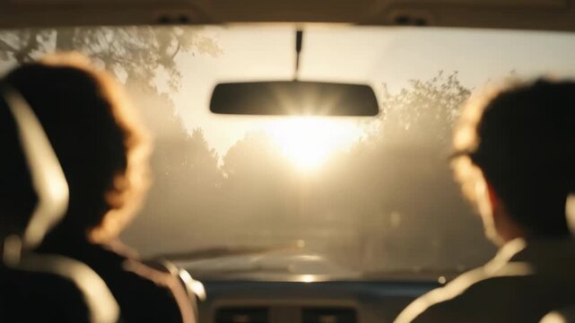 Two people in a car driving along a sunlit forest road, sun rays filtering through tall trees.