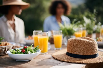 Friends enjoy a vibrant brunch with fresh juices and salads