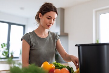 In a bright kitchen, a young woman places vegetable peels into an electric composter on the countertop