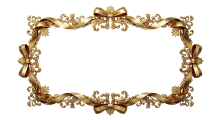 Luxurious Ornate Golden Baroque Frame Border with Ribbons and Decorative Bows isolated PNG with Transparent Background
