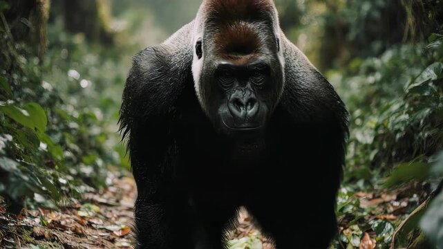 A powerful silverback gorilla stands majestically in a dense, green jungle, looking directly forward.