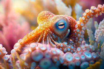Brightly Colored Octopus Among Coral Captured in Underwater Scene with Generative AI Technology