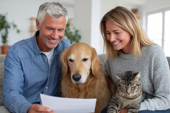 Family reviews important documents together with their pets at home