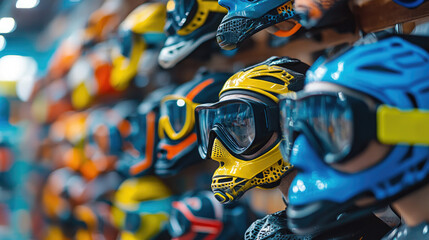 large selection of scuba diving masks on display in sports store, swimming and diving equipment, retail shopping, summer vacation gear, underwater adventure concept