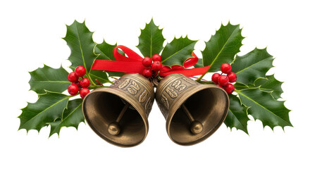 Traditional Brass Christmas Jingle Bells Decoration with Holly Leaves, Red Berries, and Ribbon Bow isolated PNG with Transparent Background